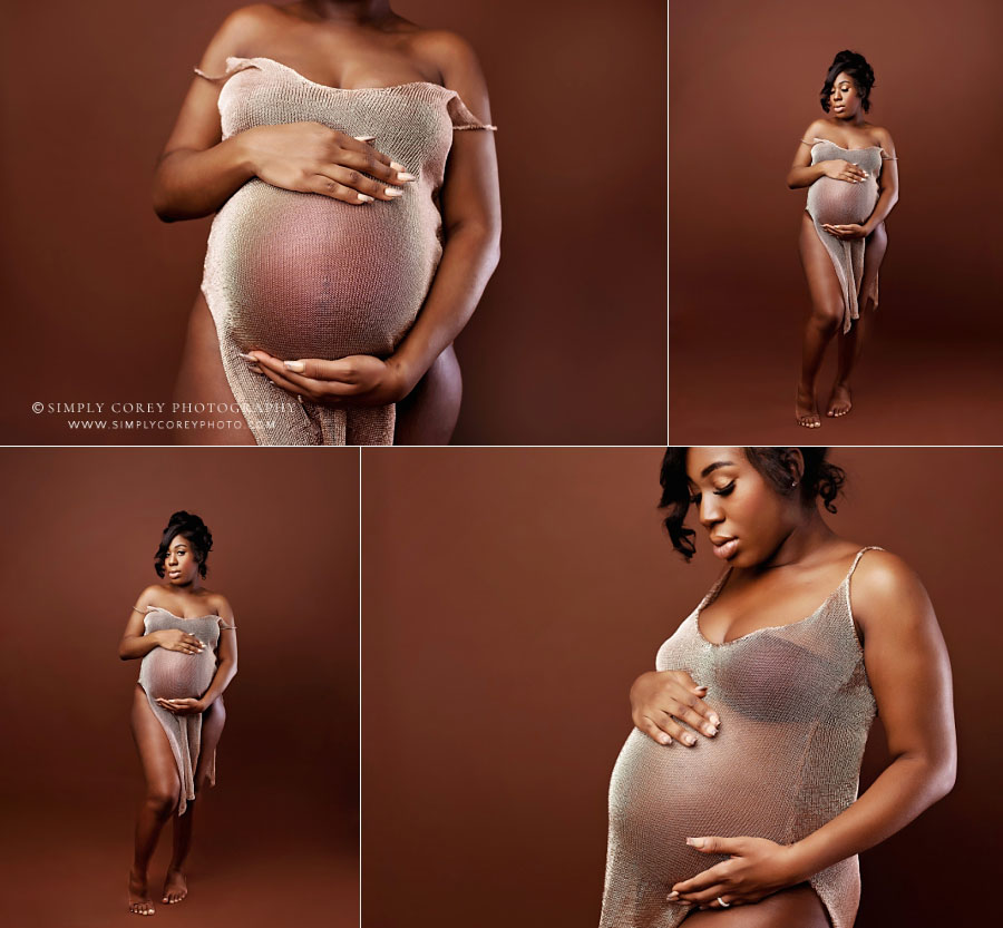Villa Rica maternity photographer, mesh dress chestnut studio backdrop