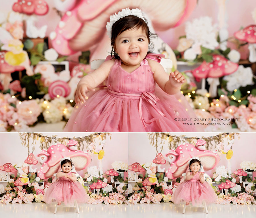 Carrollton baby photographer in GA, girl in pink with white chair in studio