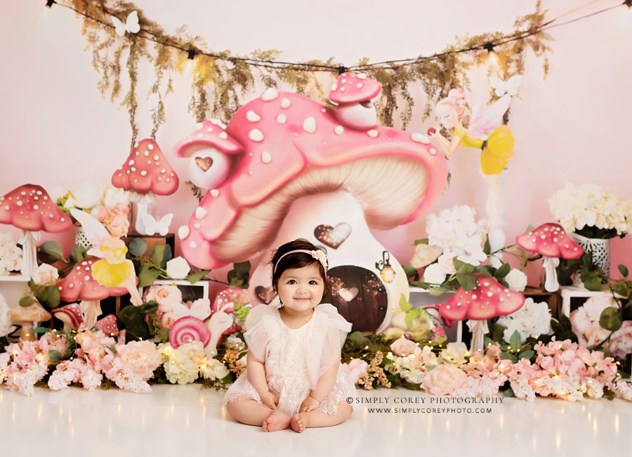 baby photographer near Carrollton, GA; pink fairy cake smash set in studio