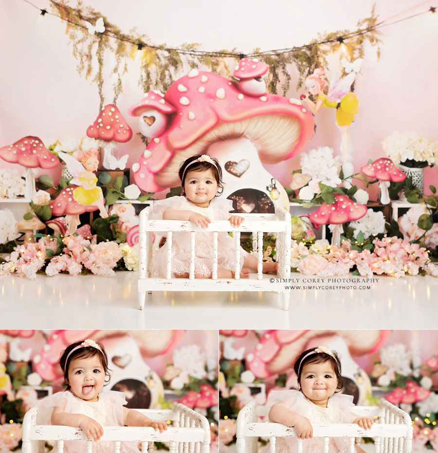 baby photographer Newnan, girl in crib prop with pink fairy set in studio