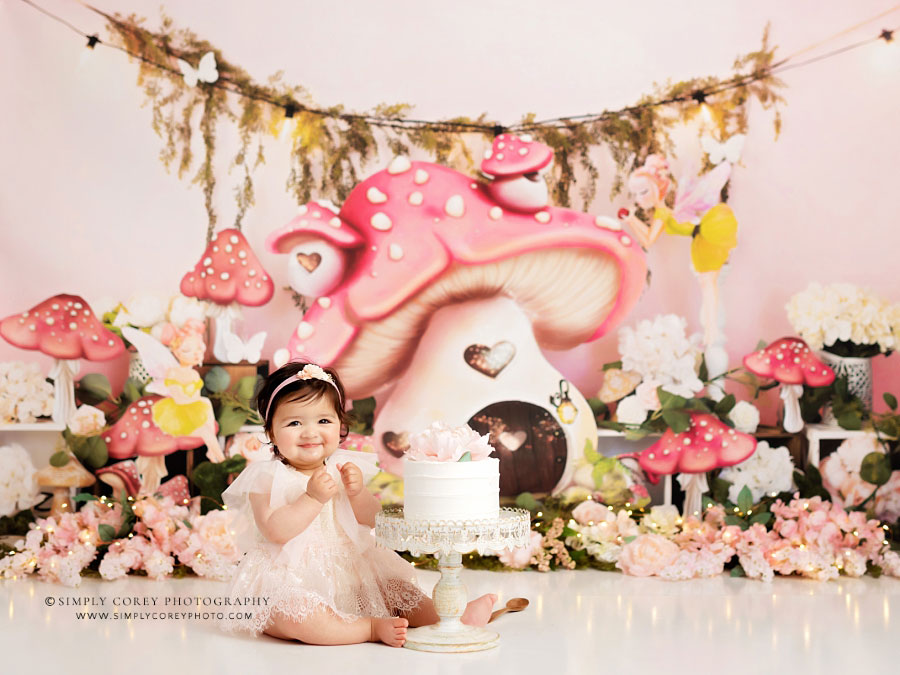 Newnan cake smash photographer, pink fairy first birthday studio session