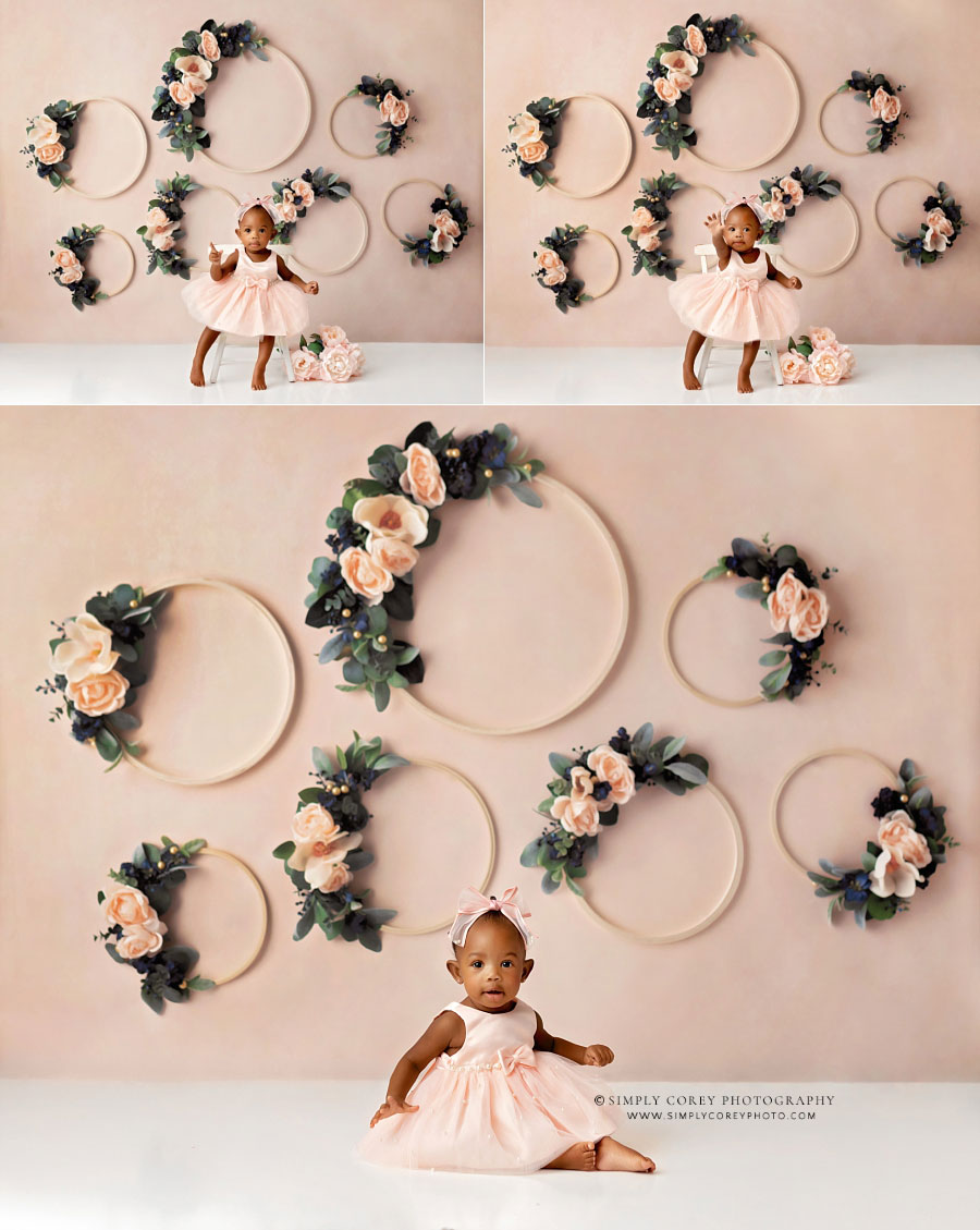 Douglasville baby photographer, pink floral hoops  for first birthday