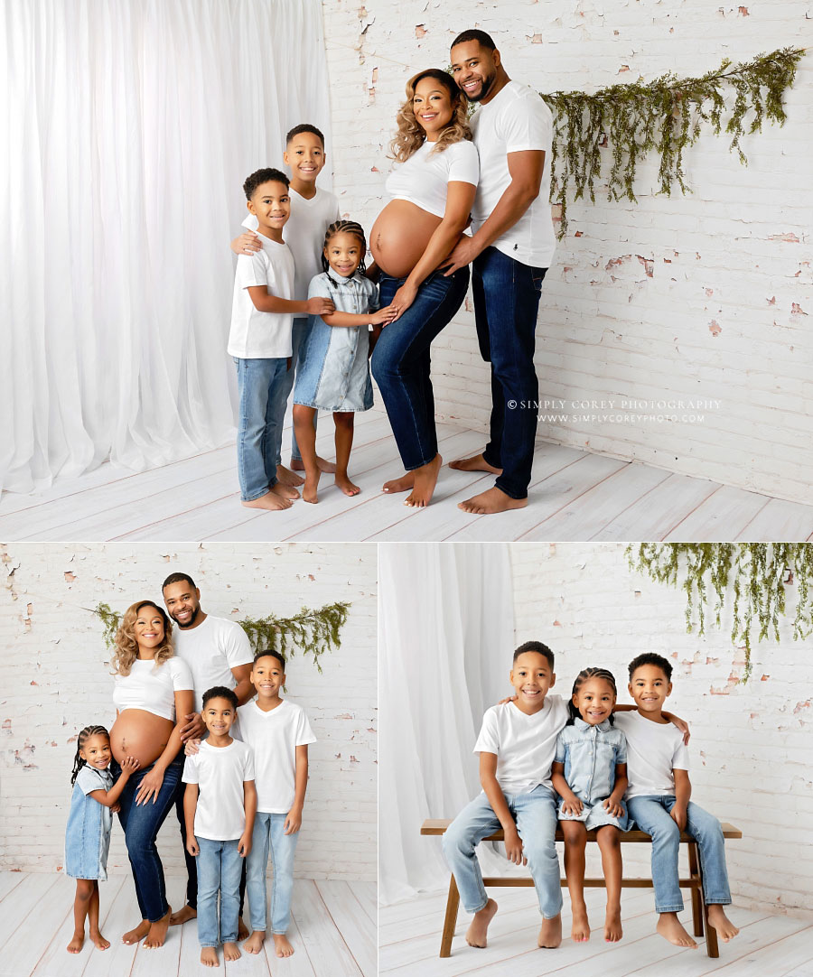 Newnan family photographer, maternity session with kids on white studio set