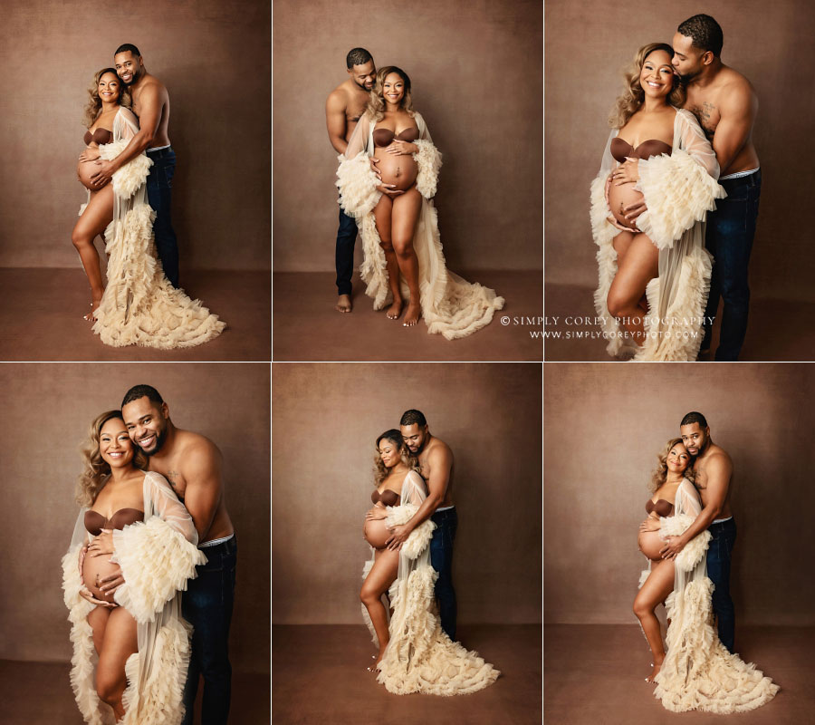 Newnan maternity photographer, intimate couple portraits on studio backdrop