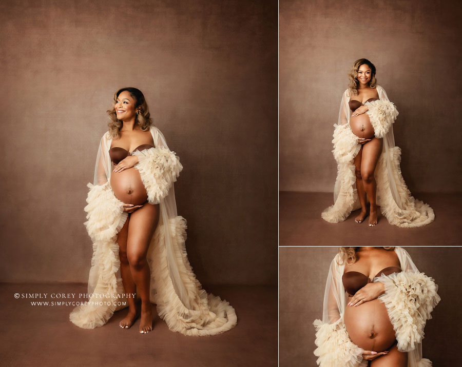 Smyrna maternity photographer, studio pregnancy portraits in tulle robe and brown backdrop